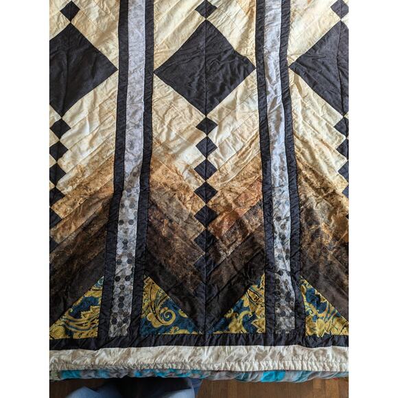 VTG FRENCH BRAID QUILT 1980s-90s Earthtone Ombre Batik Patchwork 67x70" - Picture 9 of 12